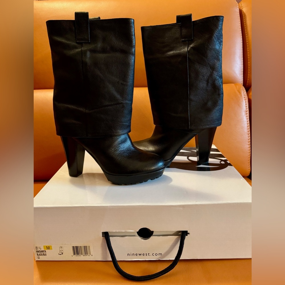 NINE WEST NWDamita Women Mid Calf Boots Black Leather 8.5M Brand New